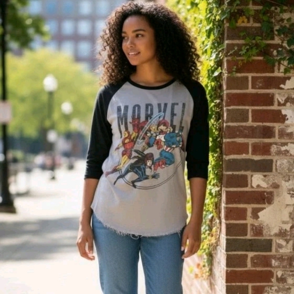 Marvel Distressed Reglan Shirt with Thor, Iron Man, Captain America, Black Widow